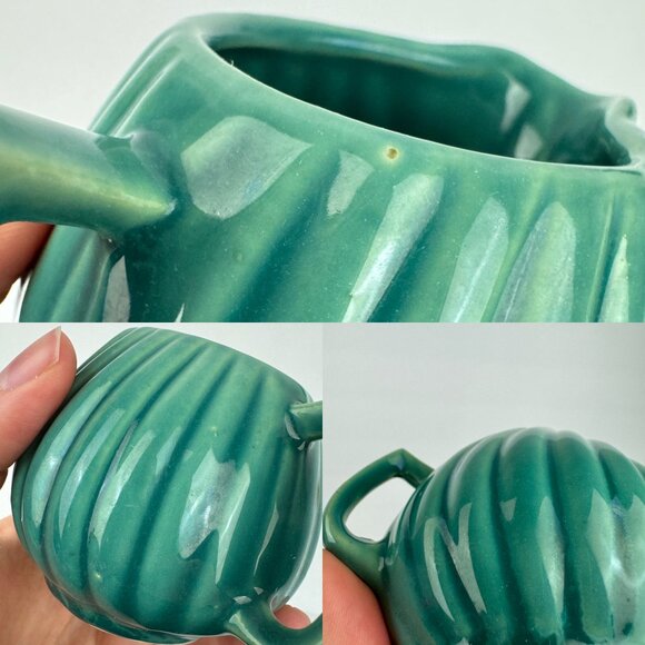 Vtg Small Ceramic Creamer Sugar Set MCM Sage Green Teal Swirled Ribbed Textured - Picture 6 of 10